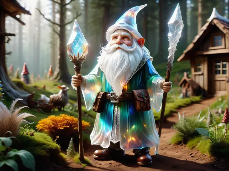 hyper detailed masterpiece, dynamic realistic digital art, awesome quality,transparent, transluscent tomte, small gnomeish creature, long white beard, earth toned pointed hat, practical rustic clothing, carries a a staff, guardian of household and farmstea...