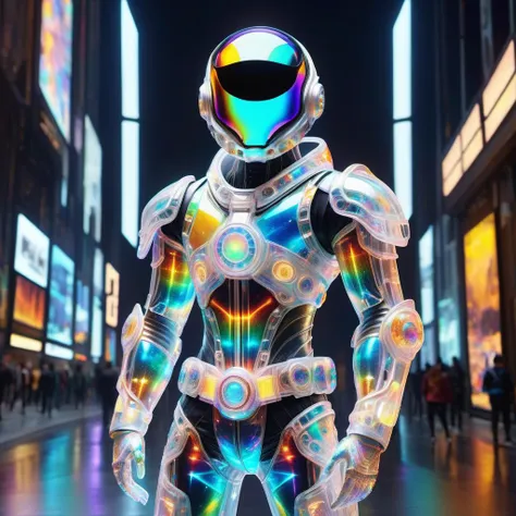 a close up of a robot in a futuristic suit in a city