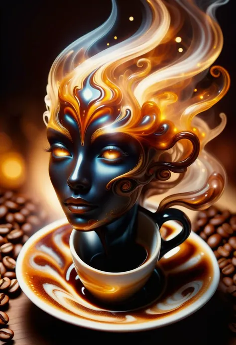 hyper detailed masterpiece, dynamic, awesome quality,female coffee spirit, transparent Ethereal entity embodying the essence of coffee,
          aroma of freshly brewed coffee, eyes shimmer like coffee beans,
          swirls of steam, human-like form, en...