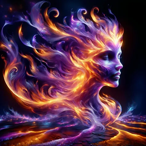 a woman with fire in her hair and a glowing face