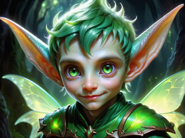 hyper detailed masterpiece, dynamic realistic digital art, awesome quality, male  changeling, tiny fairy elf like creature, baby, otherworldly ethereal glow, distinctive captivating eyes, facial features that convey an otherworldly charm, supernatural abil...