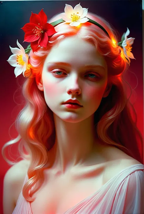 <lora:DonMSp3ctr4lXL:0.8>,Beautiful FlowerFriarmoody lighting,Red Hour, (art by Heiner Luepke:1.2) , Pastels artwork, Airbrush painting, Concept art, Adorable (21yo Romantic Goddess:1.2), Spectral Style