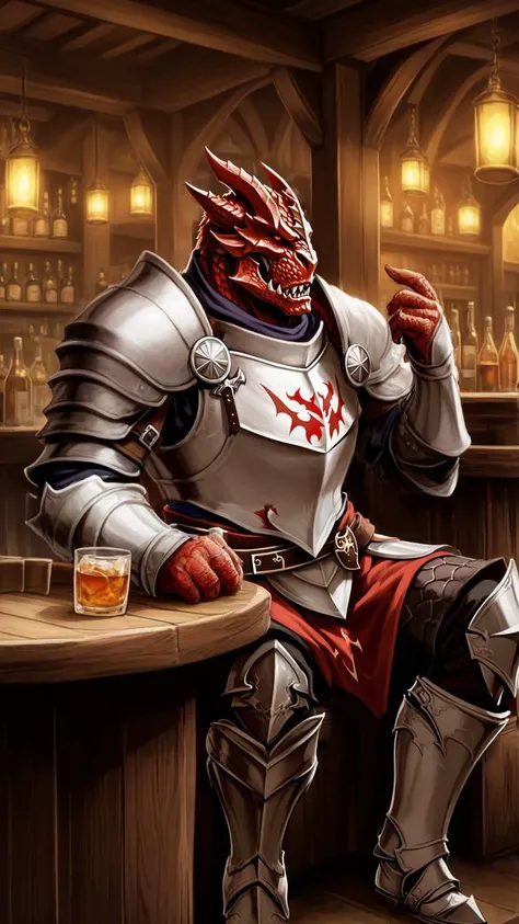 sehele style, <lora:Seunghee_Lee_Style_SDXL:0.7>, (((sitting))), (((red dragonborn))), (((White crusader armor))), (((drinking in fantasy tavern))), 8k, 16k, trending on pixiv, fanbox, skeb, masterpiece, (((detailed face))), digital painting,