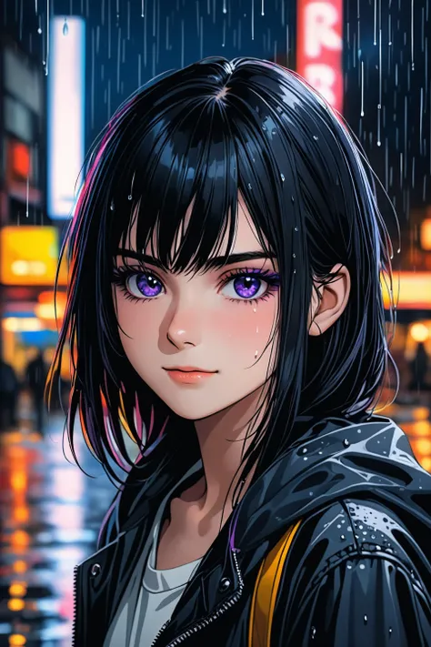 <comment:SUBJECT:0>
Professional portrait photo of a cute girl, 18 years old,
<comment:DESCRIPTOR:0>
petite face, long straight musou black hair, flushed cheeks, smirking, emo, makeup, long lashes, gradient mascara, purple eyes makeup, vivid colors, vibran...