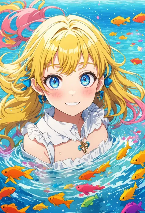 (mika pikazo), SK_ANIME, (flat color:1.1),(colorful:1.3),(masterpiece:1.2), best quality, original, extremely detailed wallpaper,
1girl, young woman, cute, smiling, looking at viewer,floating colorful water, [colorful fish], [blue eyes], sea background