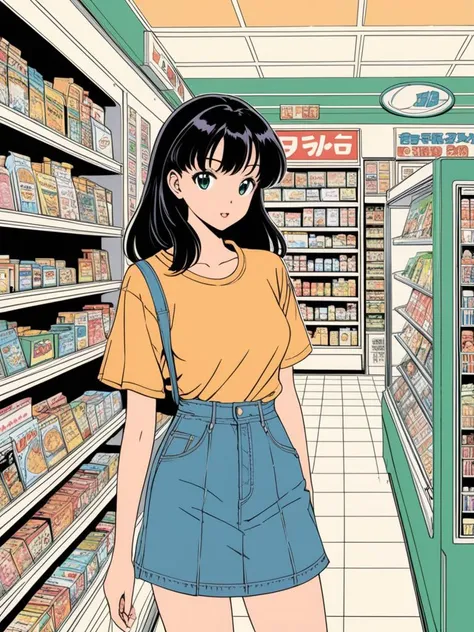 In the style of 90s vintage, anime art of a model inside a convenience store, Detailed art, Fine line art 90âs vintage anime