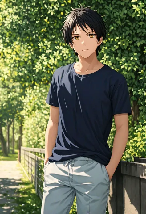 anime boy in blue shirt standing on a fence in front of a green hedge