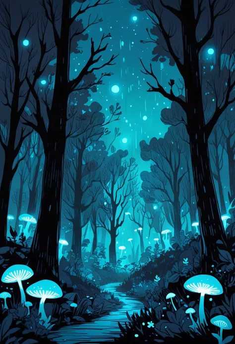 woodcut, cute doodle, bright cyan bioluminescent forest at night, ethereal