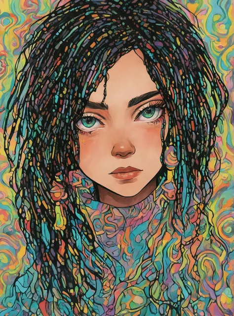 (artwork in the style of Jeremiah Ketner:1.5), a woman, black dreadlocks, green eyes, scarf, fog, dreamy, close-up, pop art, pop surrealism, <lora:Graphic_Portrait:1.0>