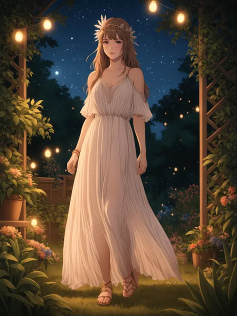 portait of 1girl wearing (Boho_chiffon_maxi_dress:1.5),(Feather_headpiece:1.4),(Barefoot_sandals:1.3),(Garden_party_background:1.4),
masterpiece, best quality, night, highres, 4k, 8k, intricate detail, cinematic lighting, amazing quality, amazing shading, ...