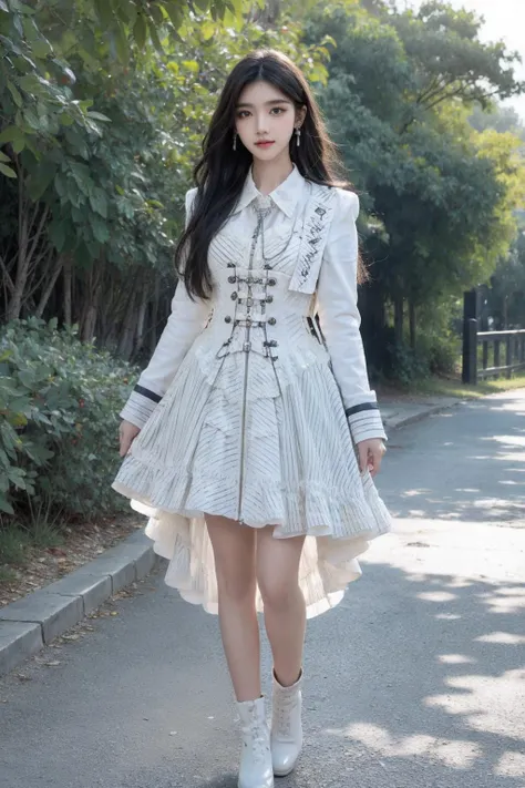 a woman in a white dress and white boots walking down a street