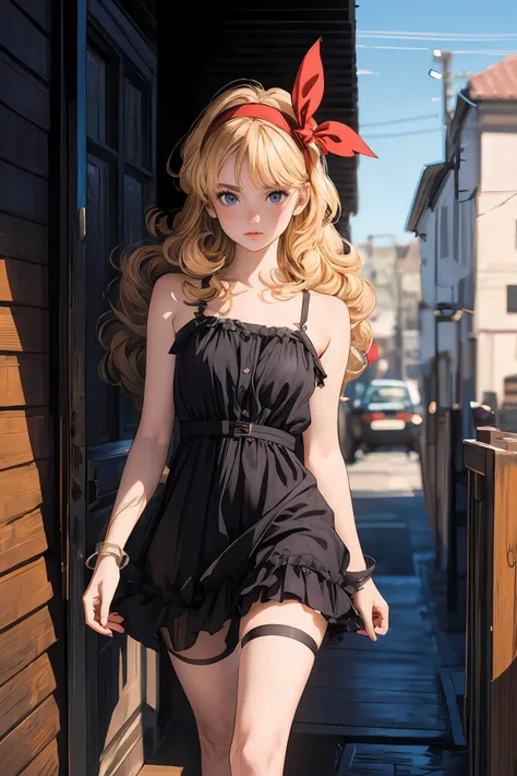 blond haired girl in black dress walking down a narrow alley