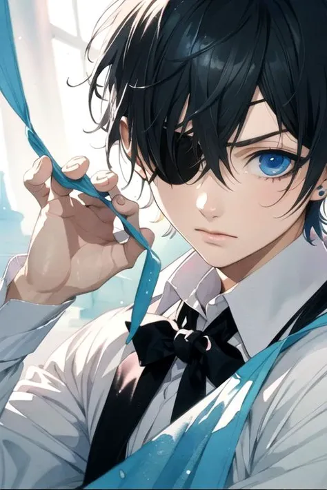 masterpiece, best quality, movie still, 1boy, solo, male focus, looking at viewer, upper body, depth of field, (watercolor illustration, soft pastel colors:1.1), realistic, <lora:ciel_phantomhive:0.72>, ciel_phantomhive, black hair, blue eyes, eyepatch, , ...