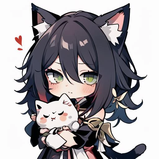 anime girl with black hair and cat ears holding a white cat