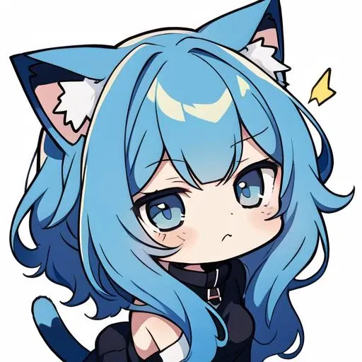 a close up of a cartoon cat with blue hair and a cat tail