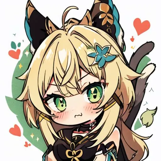 1 girl, head, ((white background, chibi)), emote, twitch, <lora:NijiEmotes:0.85>, <lora:Genshin_Kirara_AP_v3:0.85>, kirara, genshin, green eyes, blonde hair, cat ears, love, hearts, blush