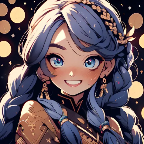 <lora:niji-emote:1.0>, Niji Emote, 1girl, starry print side braid, hazel eyes, happy expression, masterpiece, 8k, high resolution, shallow depth of field, sharp focus