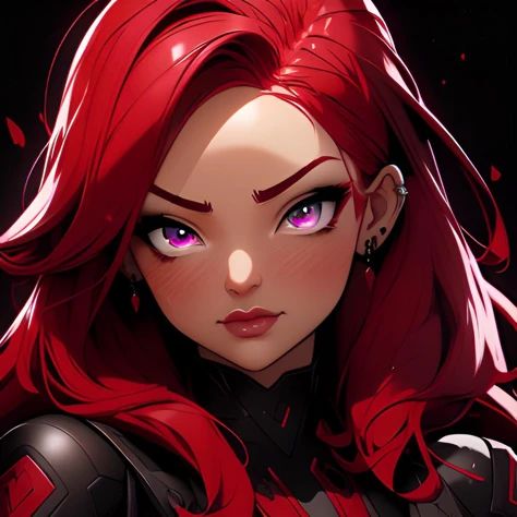 <lora:niji-emote:1.0>, Niji Emote, 1girl, red hair slicked back, burgundy eyes, wavy mouth expression, masterpiece, 8k, high resolution, shallow depth of field, sharp focus