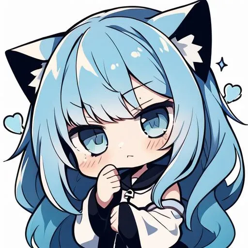 a close up of a cartoon character with blue hair and a cat ear