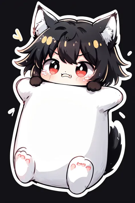 anime girl with black hair and white cat ears holding a pillow