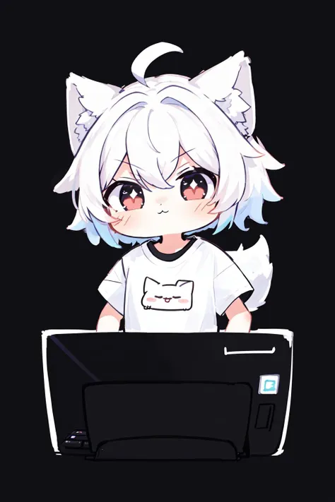 anime girl with white hair and black eyes sitting in front of a computer