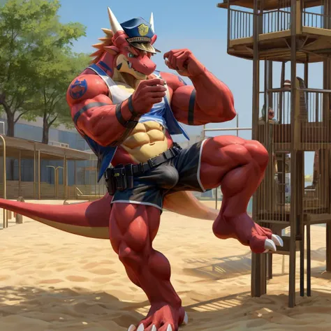 masterpiece,best quality,highres,highly detailed,playground,cover,game cg,good anatomy,open space,
male focus,sweat,(full body:1.3),standing on one leg,abs,anthro,delga,male,muscular anthro,muscular male,red body,scalie,(police hat:1.3),(camouflage tank to...