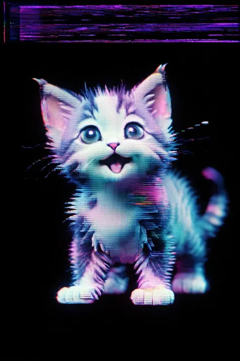 <lora:Aether_Glitch_v1_LoRA:1> vhs glitch movie still of an adorable kitten, cinematic, hires 8k, intricate, black background