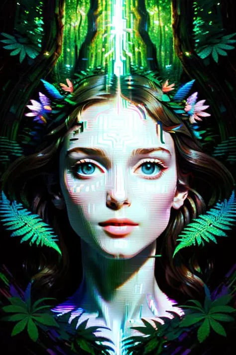 1girl in a mythical forest, masterpiece, perfect face, intricate details <lora:Aether_Glitch_v1_LoRA:1> vhs glitch