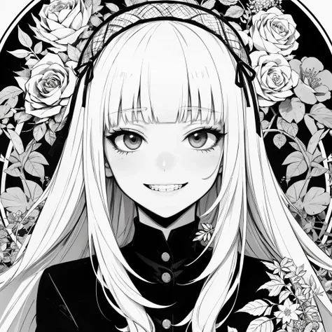 1girl, long hair, blunt bangs, sidelocks, monochrome, lineart, leaf, whitework, crazy smile, creepy smile