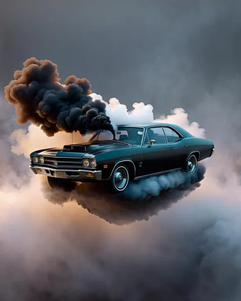 a car is floating  with expressions and smoke, Dirk Crabeth, david rudnick, concept art, hyperrealism  , <lora:Car_Dream:0.5><lora:VHS_Style:1>