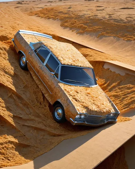 a car is floating in the Oriented Strand Board (OSB), Dirk Crabeth, david rudnick, concept art, hyperrealism<lora:Car_Dream:1>