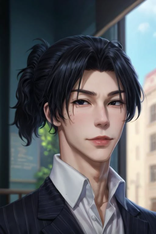 masterpiece, best quality, game cg, 1boy, solo, male focus, looking at viewer, upper body, depth of field, <lora:sherlock_holmes:0.66>, sherlock_holmes, black hair, ponytail, black eyes, , ,