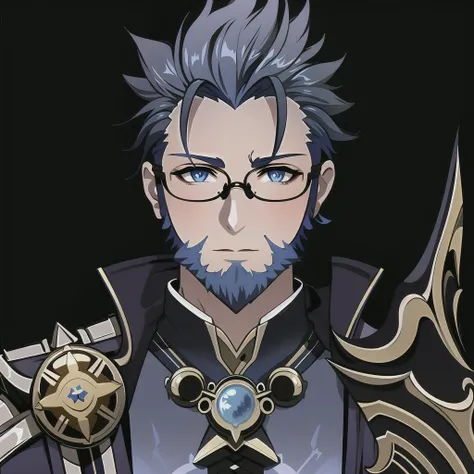 GenshinAvatar, (old blue-haired armored mage, magical armor, thick beard, glasses), highly_detailed, illustration, portrait, (((masterpiece))),(((bestquality))), (black_background:1.4), simple_background,  <lora:GenshinAvatar:1>