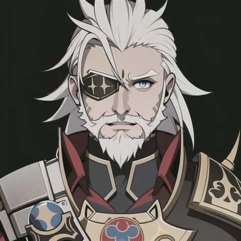 GenshinAvatar, (armored old knight with white hair, thick beard, mustache, blue eyes, scars on his face, red cloak, bangs on the left, eye patch, golden armor), highly_detailed, illustration, portrait, (((masterpiece))),(((bestquality))), (black_background...