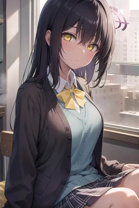 bluearchivekarin, <lyco:karin-lyco-nochekaiser:1>, 
karin, ahoge, black hair, dark skin, dark-skinned female, halo, long hair, (yellow eyes:1.5),
BREAK cardigan, neck ribbon, pleated skirt, ribbon, school uniform, skirt, blue cardigan, 
BREAK looking at vi...