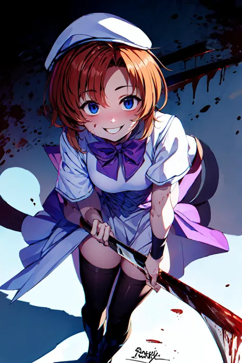 (masterpiece), best quality, high resolution, 1girl,  ryuuguu_rena, orange hair, blue eyes, white dress, beret, purple bow tie, long dress, black thighhighs, high black boots, weapon, holding weapon, nata (tool), blood, blood splatter:1.5, , crazy eyes, (s...