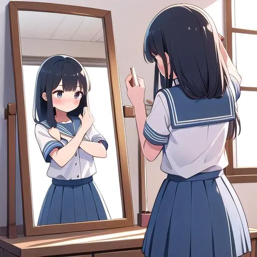 masterpiece,best qualitiy,high detail,1girl,blush, outdoor, sailor uniform,looking at mirror,mirror,reflection,mirror on wall, <lora:mirrorTrans:0.6>,from back,dynamic pose <lora:kaname_madoka_outfit-base-anylora-v1-1-1-000015_1_BiiiiMoOOo_WOF:1>