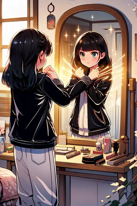 anime girl looking at herself in mirror in front of mirror