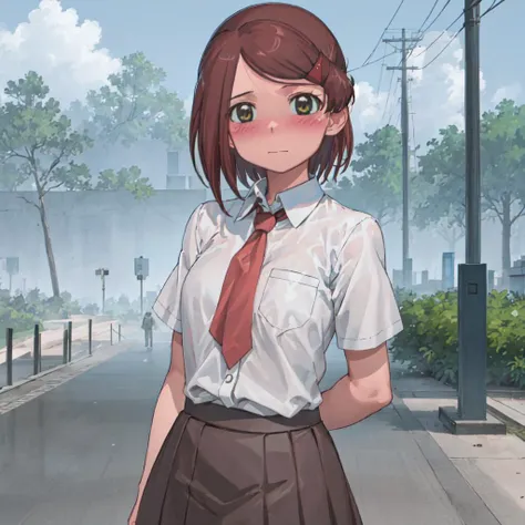 anime girl in school uniform standing on a street corner