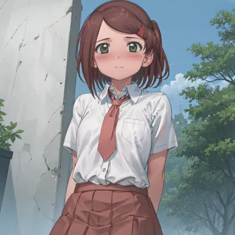 anime girl in uniform standing in front of a building