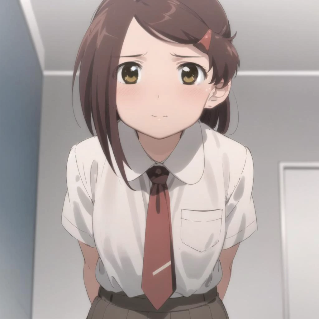 1girl, (suminoe_ako:1.3),standing,solo, blush,upper body, closed mouth,  skirt, school uniform, white shirt, (red necktie:1.0), looking at viewer, (brown:1.0) skirt, short sleeves, arms behind back,  <lora:akoSuminoeKissxsis_v10:1>