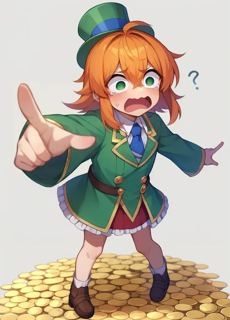 score_9, score_8_up, score_7_up, score_6_up, rating_safe, BREAK, 
a short woman with long ginger hair and bright green eyes, green tailcoat with skirt and green top hat with a shamrock accessory, in a forest glade, pointing at her (pile of gold coins) on t...