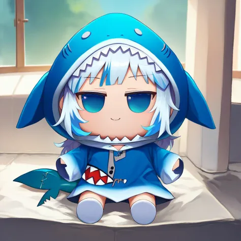 score_9, score_8_up, score_7_up, fumo (doll), chibi, solo, 1girl, gawr gura, smile, sitting, blue hoodie, shark hood, shark tail <lora:style_toyfumo_ponyXL-000006:1> <lora:guraXL:1>