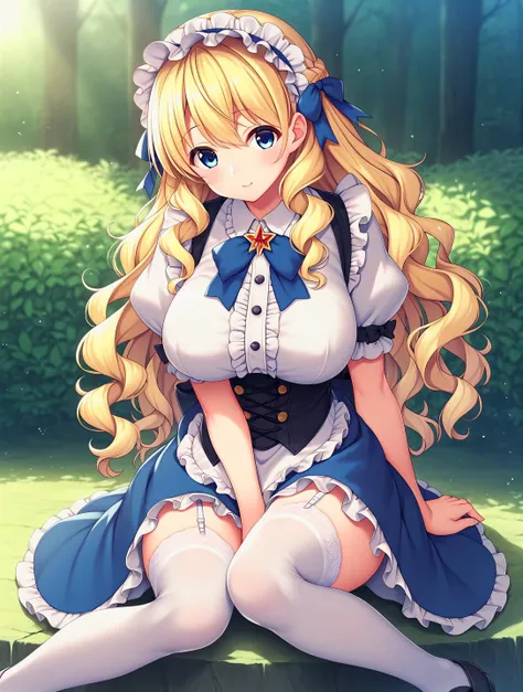 score_9, score_8_up, score_7_up, best quality, masterpiece BREAK sitting, 
blonde hair, wavy hair, long hair, braid, blue eyes, bangs, tareme, 
frills, ribbons, head dress, white blouse, puffy sleeves, blue skirt, white thighhighs, garter straps, black str...