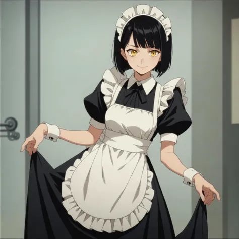 score_9, score_8_up, score_7_up, score_6_up, source_anime, 1girl, black hair, yellow eyes, bob cut, maid, maid headdress, standing, solo, smile, anime screencap,