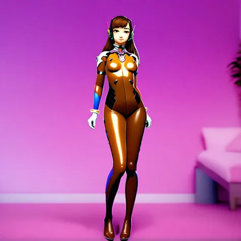 1girl, d.va (overwatch), full body, solo, standing, brown hair, brown latex bodysuit, legs together, from front, 

anime, 3d, 