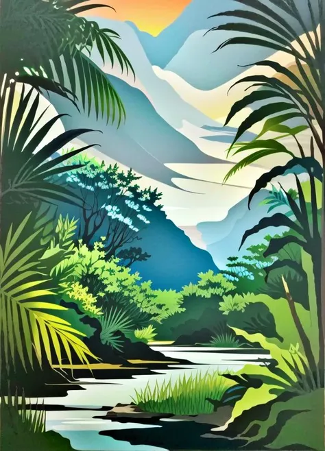 best quality,masterpiece,highly detailed,ultra-detailed, <lora:minimalism landscape_V02> minimalism vector art , scenery, landscape, 
A secluded tropical jungle waterfall, lush emerald greens shrouded in misty veils exuding lifes force