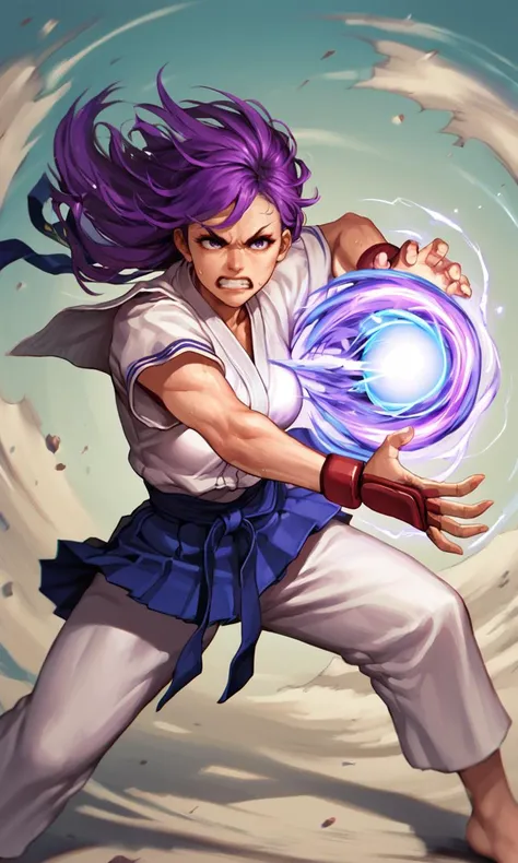 score_9_up, score_8_up, score_7_up BREAK,  <lora:Hadouken:1> <lora:Balak_Style:0.7> Hadouken, kikoken, ((long purple hair)), fireball, energy ball, charging, woman, sweating, martial arts, school uniform, clenched teeth, fighting, energy, shockwave, colorf...