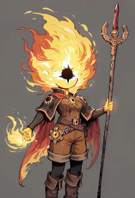 score_9, score_8_up, score_7_up,
lord_of_frenzy, fire head,
holding magic spear,
novakin, faceless, no eyes, no mouth, no nose, no facial features, short fiery yellow orange hair, body made of black plasma,
magical girl outfit, steampunk dress, boots, brow...