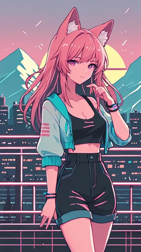 a girl with long hair and a cat ears standing in front of a city